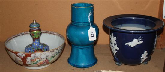 Clobbered vase, turquoise vase, export bowl & jardiniere